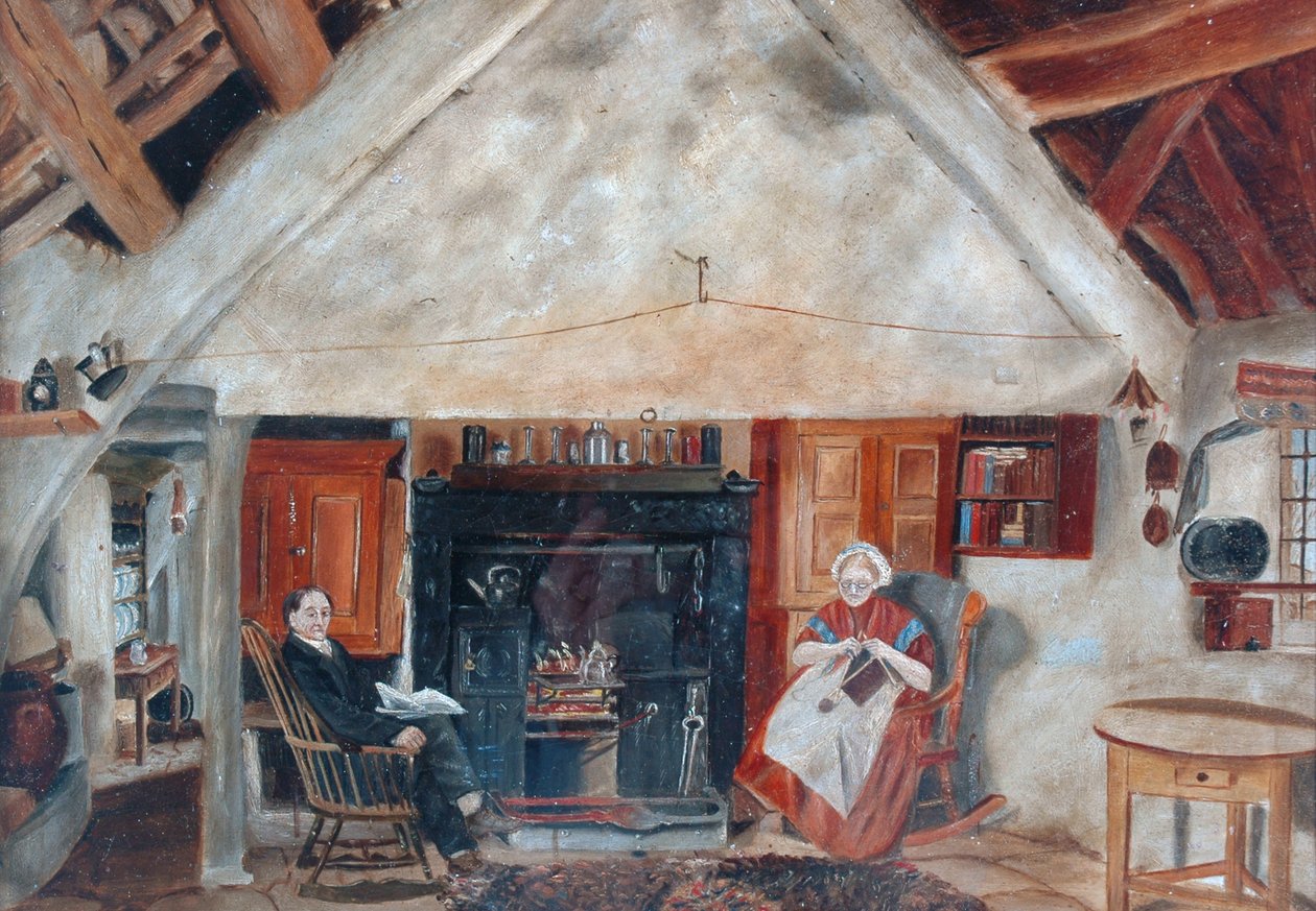 Innenansicht des Cruck Cottage, möglicherweise Shipley Glen von English School