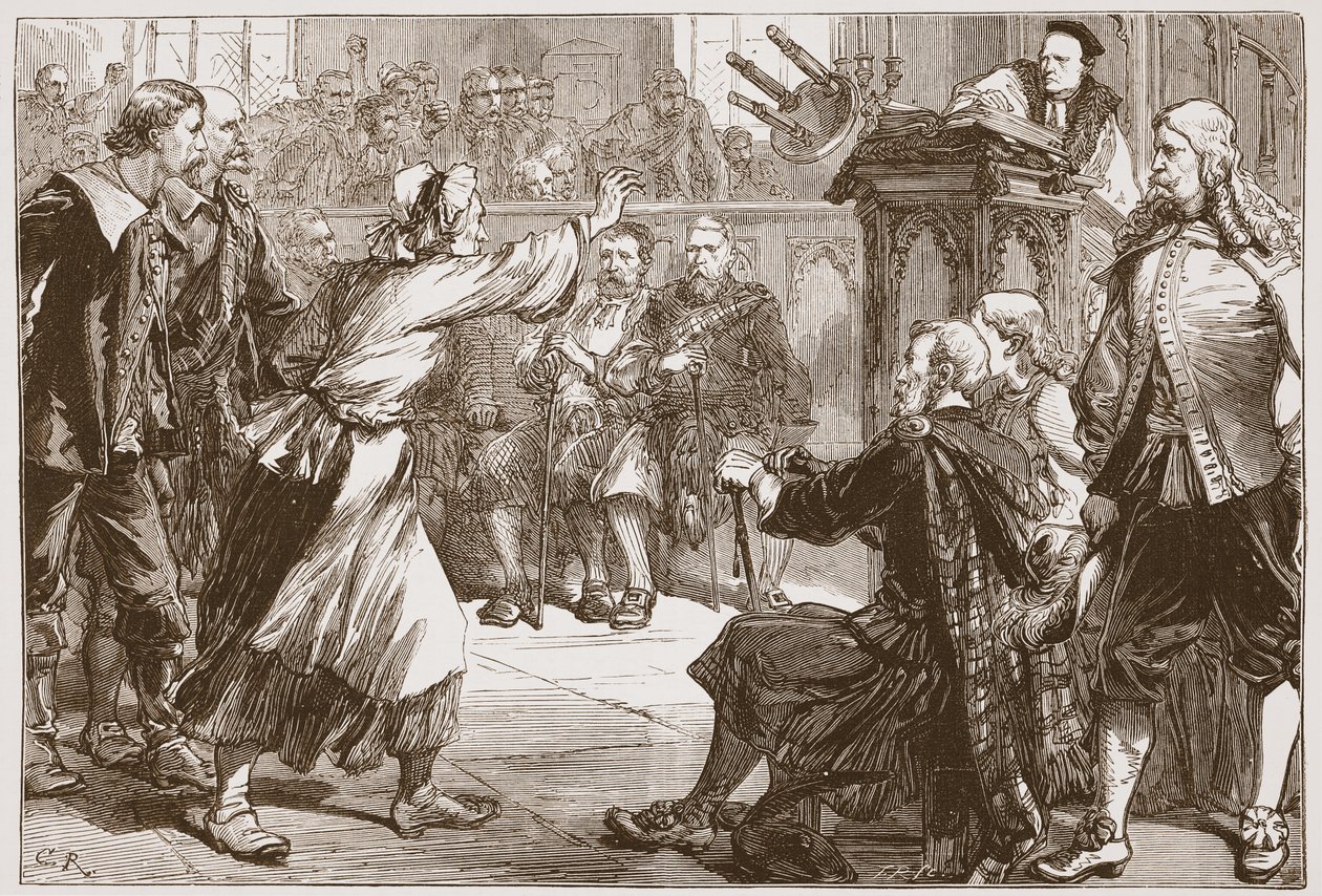 Janet Geddes wirft ihren Hocker auf den Dekan von Edinburgh, Illustration aus The History of Protestantism von James Aitken Wylie, veröffentlicht 1878 von English School