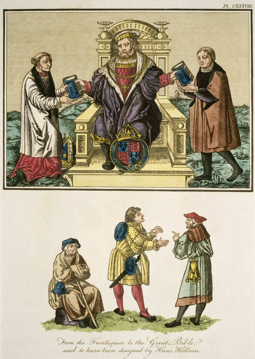 König Heinrich VIII. (1491-1547) vom Frontispiz der Großen Bibel, angeblich entworfen von Hans Holbein (14978-1543), Illustration aus The Complete View of the Dress and Habits of the People of England von English School