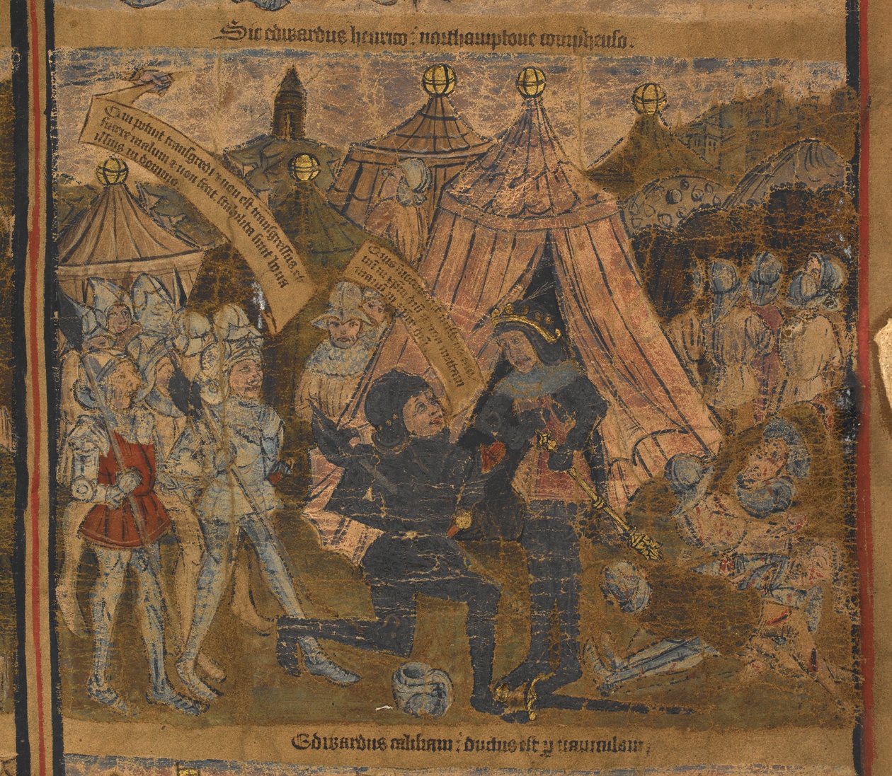 König Heinrich VI. wird nach der Schlacht von Northampton 1460 von Edward von York (später König Edward IV.) und den Grafen von Warwick und Salisbury gefangen genommen, Illustration aus 
