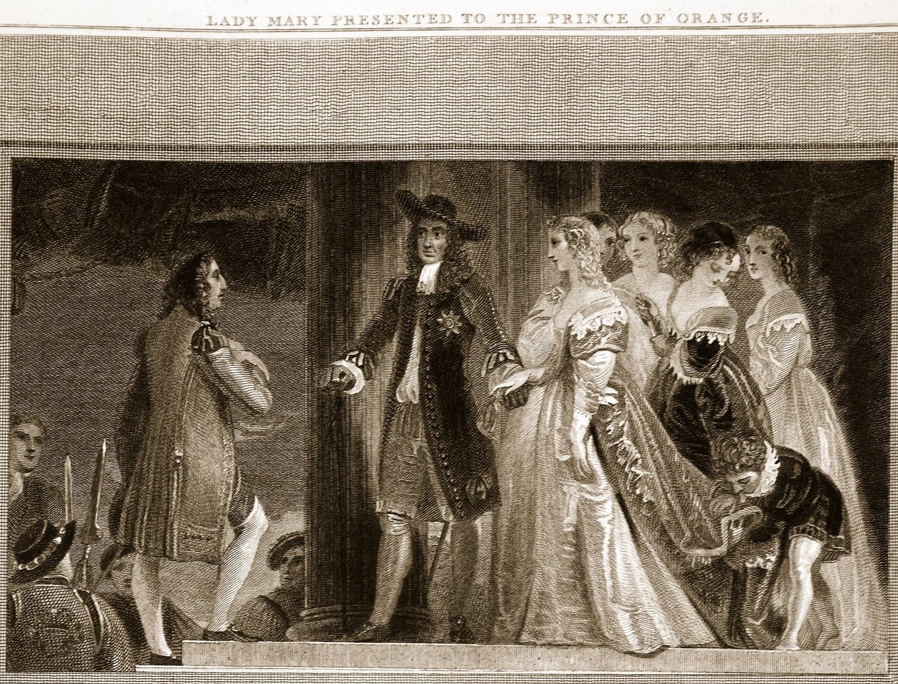 Lady Mary wird dem Prinzen von Oranien vorgestellt, Illustration aus David Humes The History of England, veröffentlicht von R. Bowyer, London, 1812 von English School