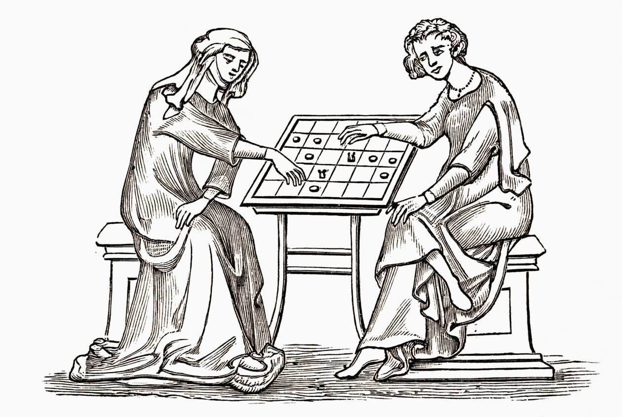 Dame und Jüngling spielen Damespiel oder Dame im frühen 14. Jahrhundert, aus 