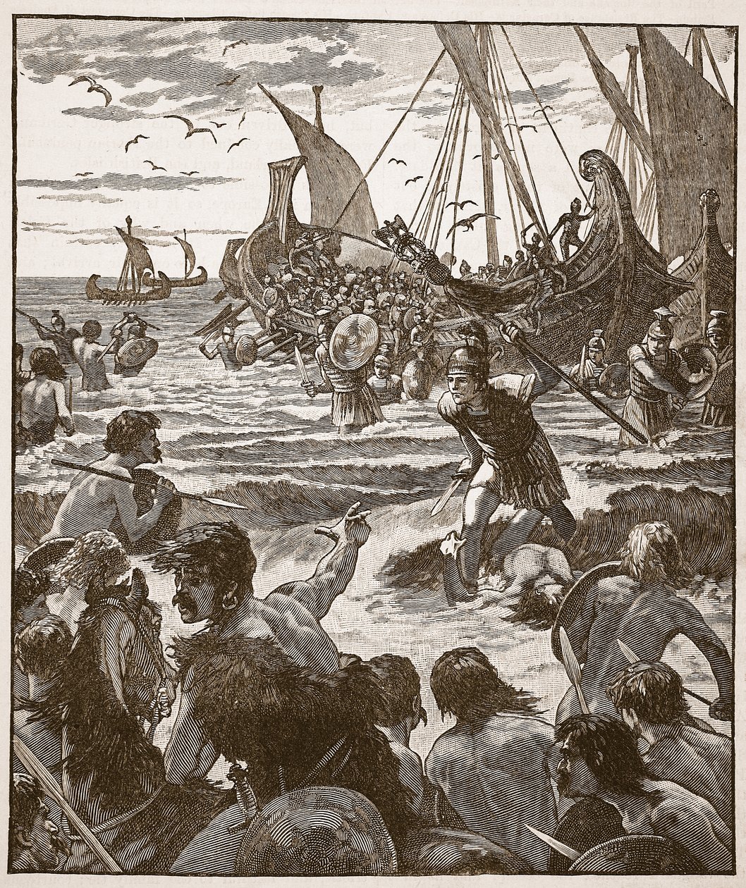 Landung der Römer an der Küste von Kent, Illustration aus Cassells Illustrierter Geschichte Englands von English School