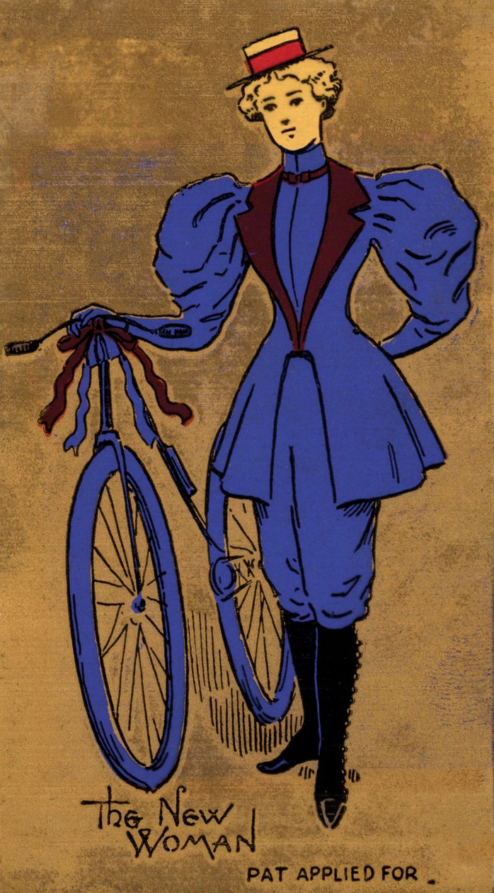 Frau aus dem späten 19. oder frühen 20. Jahrhundert und ihr Fahrrad, ein Symbol für den Beginn der Frauenbefreiung von English School