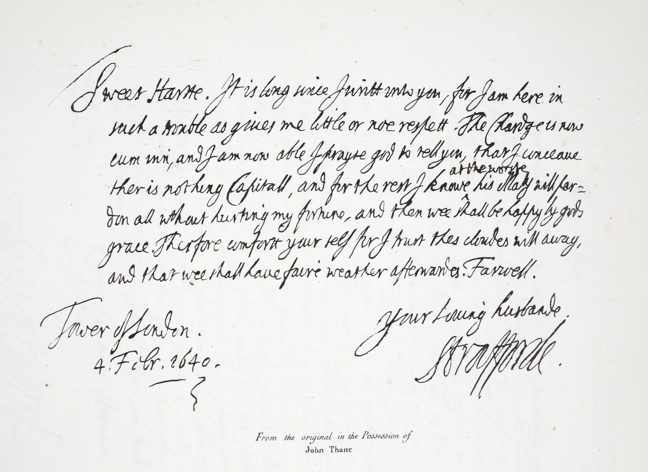 Brief von Lord Strafford an seine Frau, aus dem Tower of London, 4. Februar 1640 von English School