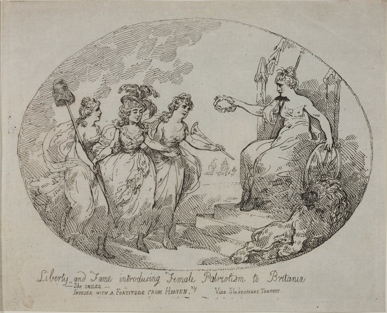 Freiheit und Ruhm stellen weiblichen Patriotismus vor; Britannia und die Herzogin von Devonshire (Gravur) von English School