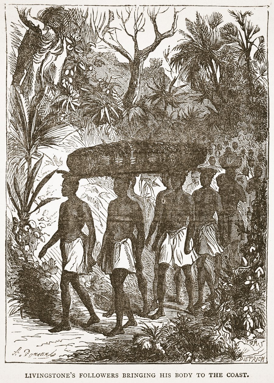 Livingstones Anhänger bringen seinen Körper zur Küste, Illustration aus der Bildausgabe des Lebens und der Entdeckungen von David Livingstone von J. Ewing Richie, veröffentlicht von A. Fullarton & Co., 1876 von English School