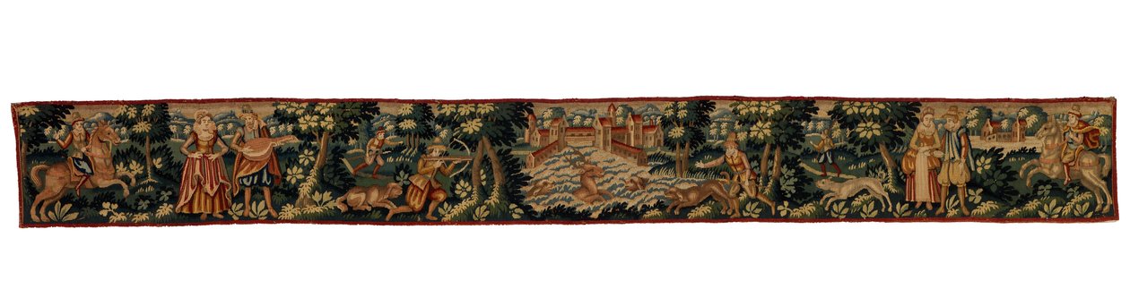 Langer Wandteppichstreifen mit Figuren beim Reiten, Gehen und Jagen, ca. 1600 (Wolle) von English School