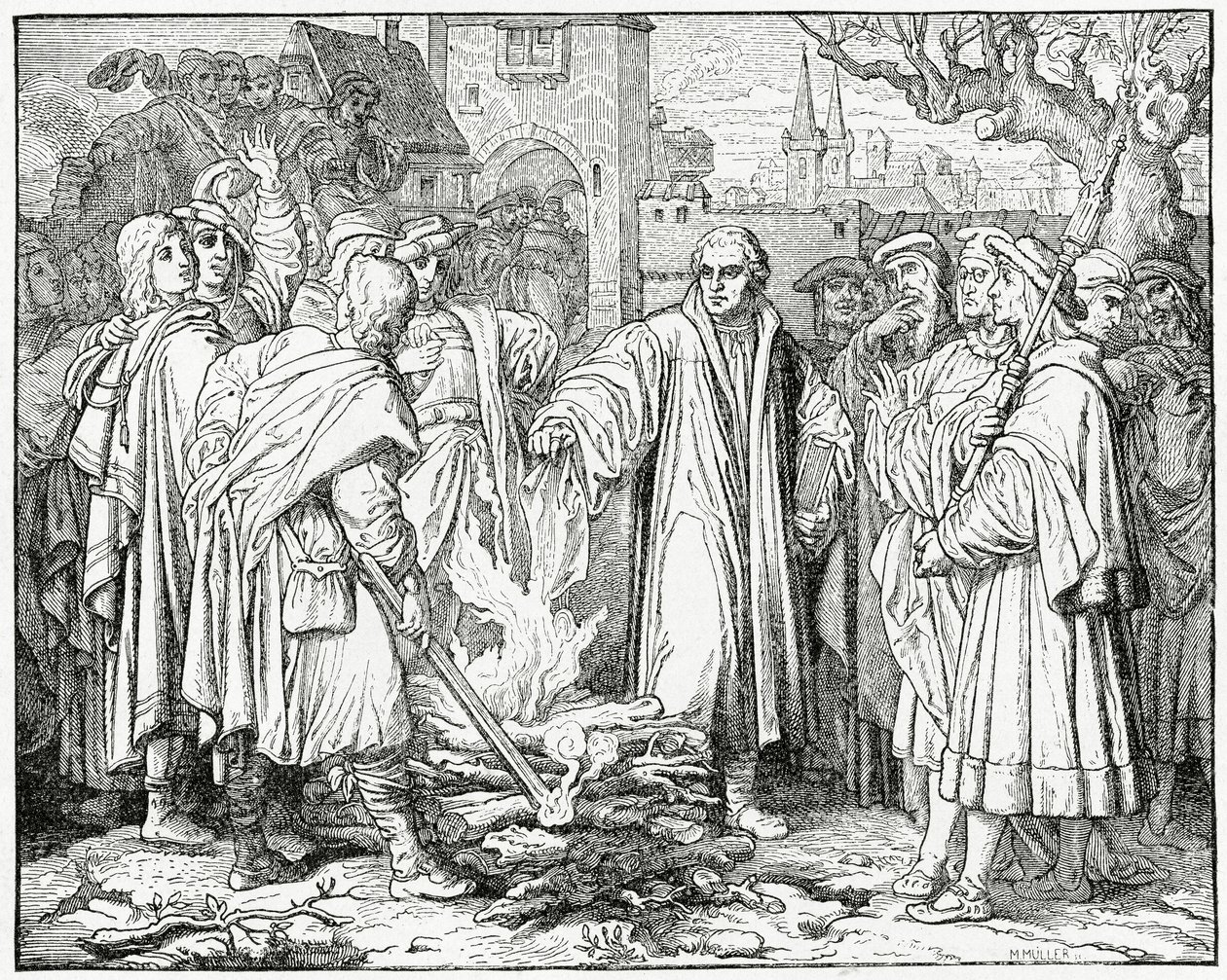 Luther verbrennt die Bulle des Papstes im Jahr 1520, 1882 von English School