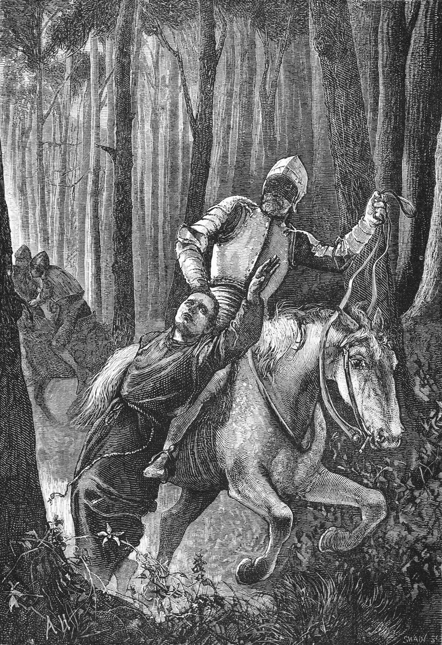 Luther wird von maskierten Reitern im Thüringer Wald angegriffen, Illustration aus Die Geschichte des Protestantismus von James Aitken Wylie, veröffentlicht 1878 von English School
