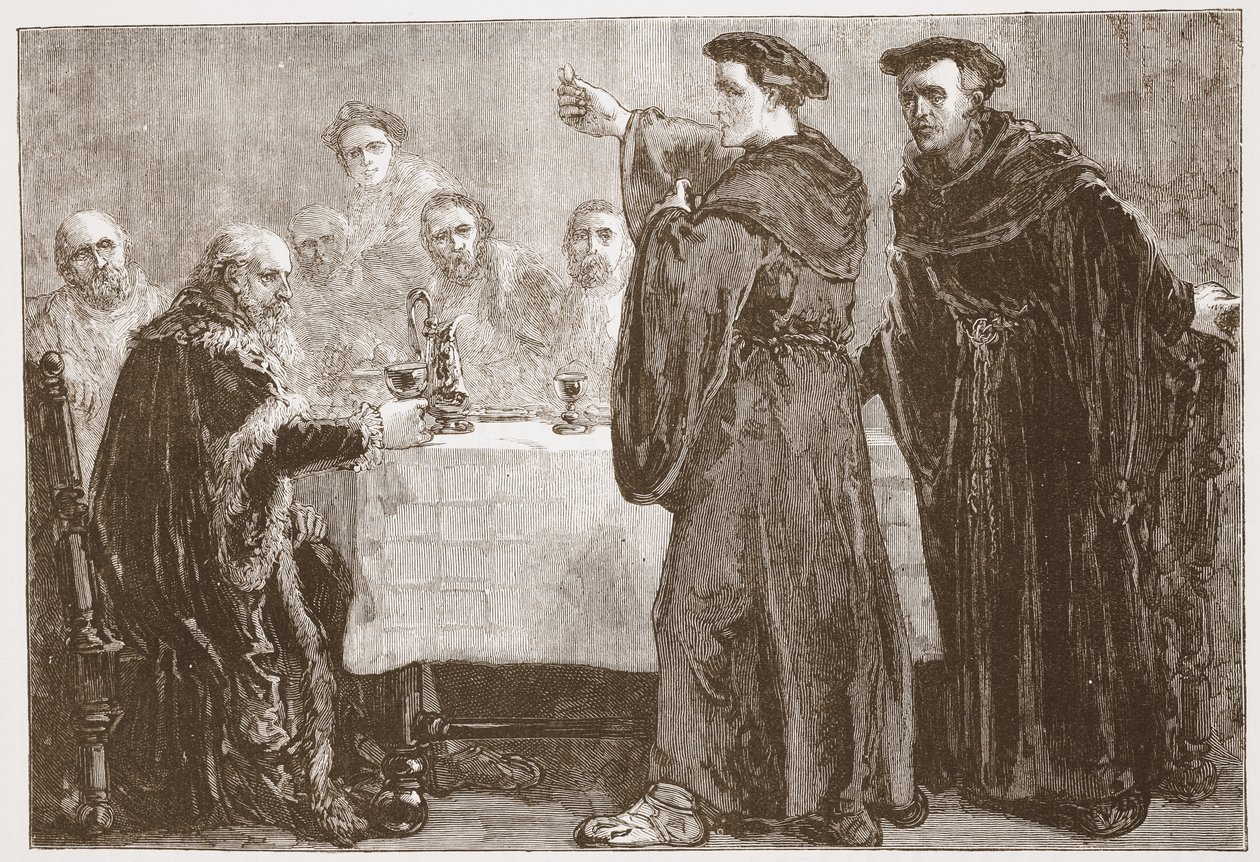 Luther fordert Carlstadt heraus, gegen ihn zu schreiben, Illustration aus Die Geschichte des Protestantismus von James Aitken Wylie, veröffentlicht 1878 von English School