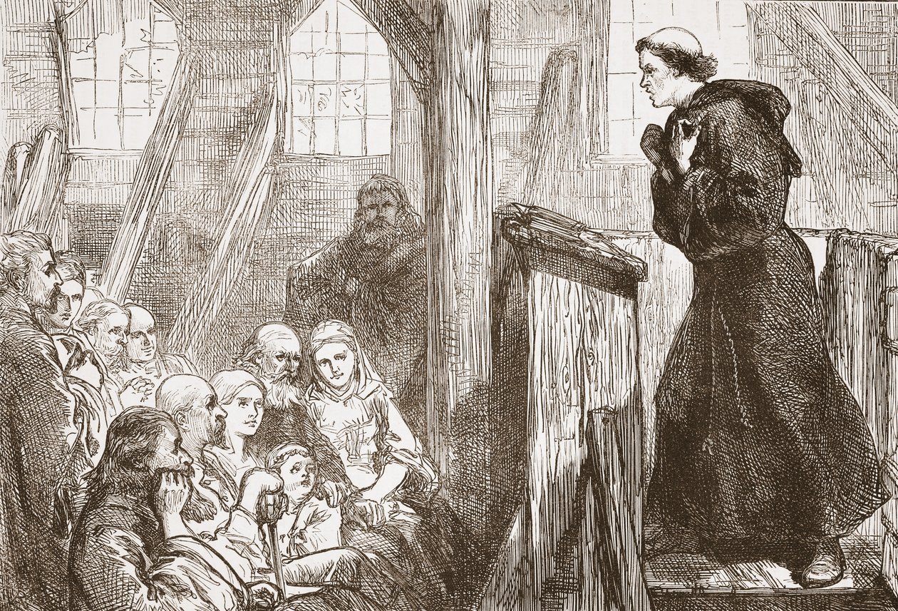 Luther predigt in der alten Holzkirche in Wittenberg, Illustration aus Die Geschichte des Protestantismus von James Aitken Wylie, veröffentlicht 1878 von English School