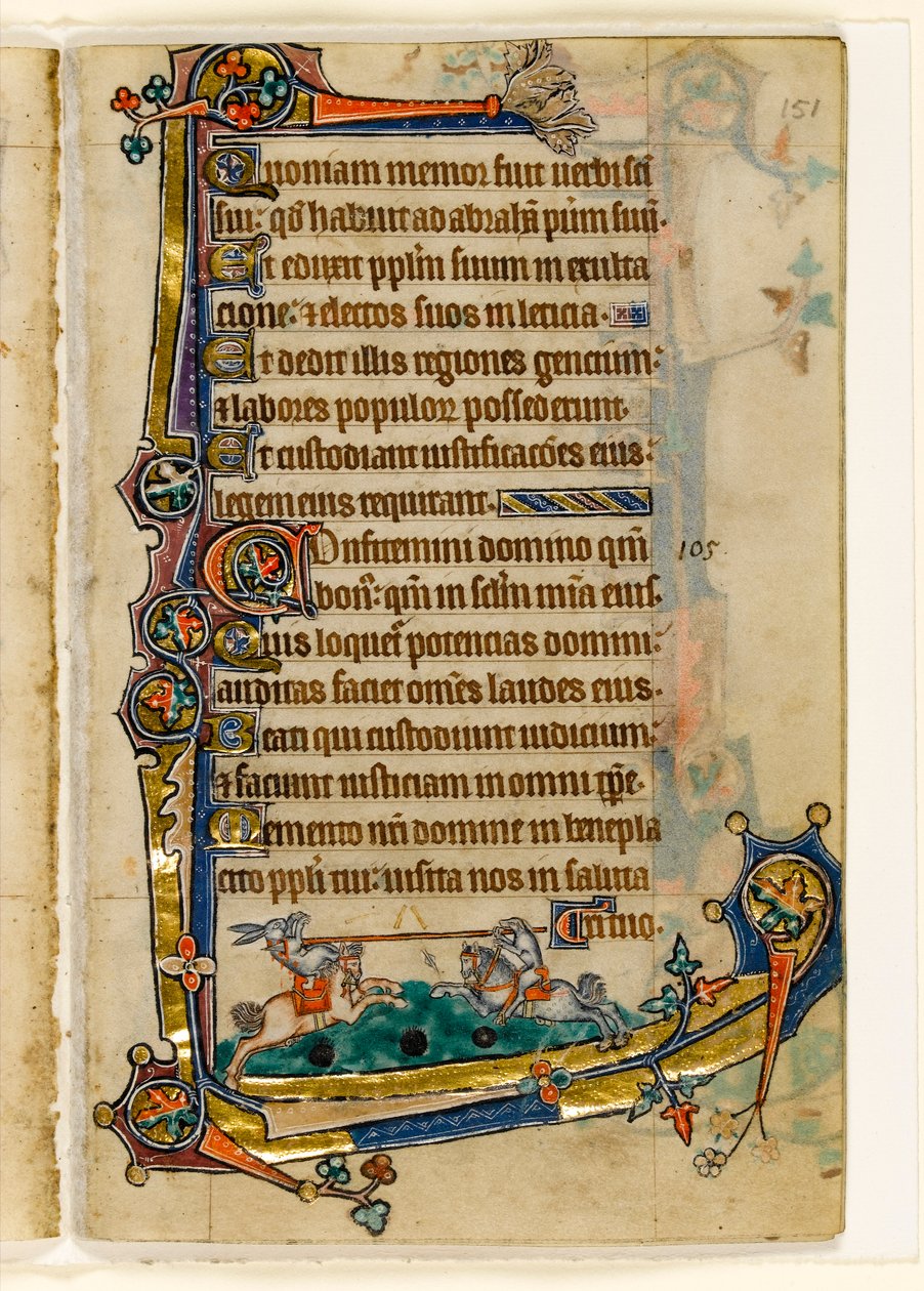 MS 1-2005, fol. 151r: Ein Hund und ein Hase beim Turnier, Randdekoration aus dem Macclesfield Psalter, Use of Sarum, Ostanglien, um 1330 von English School