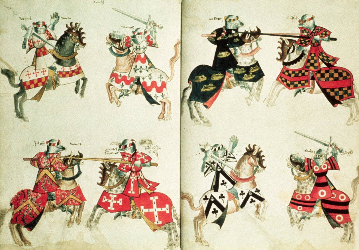 Ritterturnier mit heraldischen Emblemen (Pergament) von English School