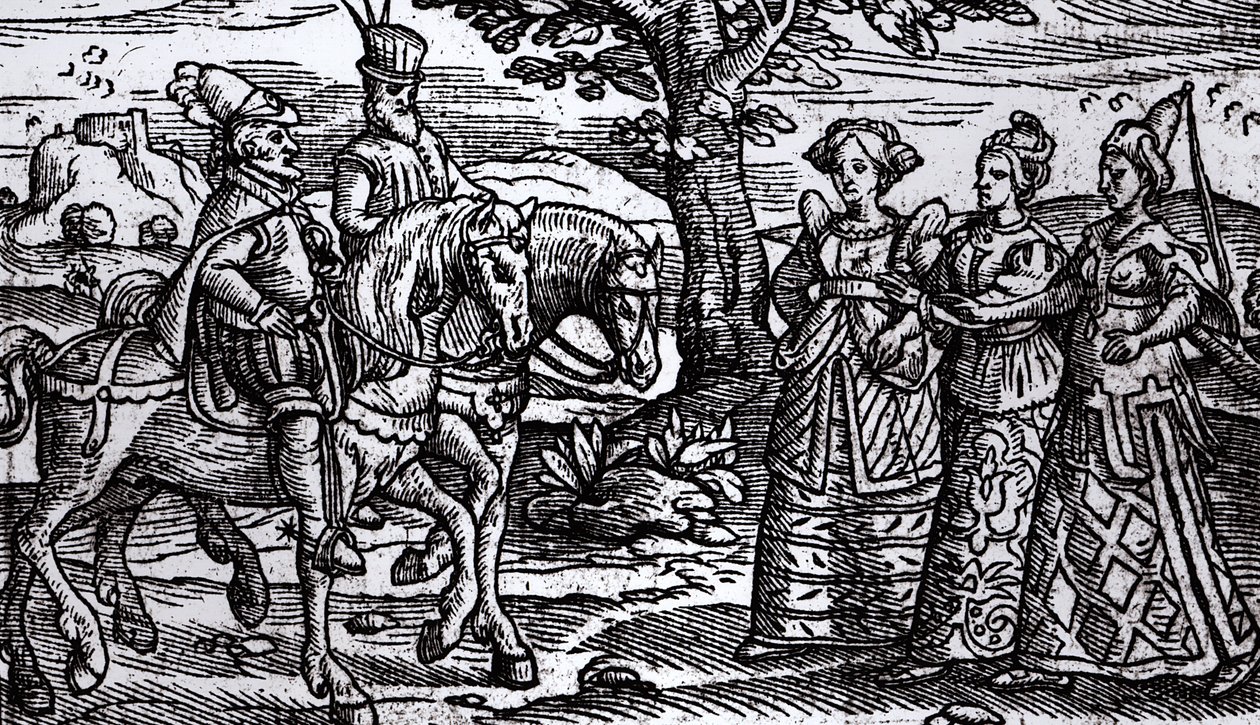 Macbeth, Banquo und die drei Hexen, Die Historie von Schottland, 1577 von English School