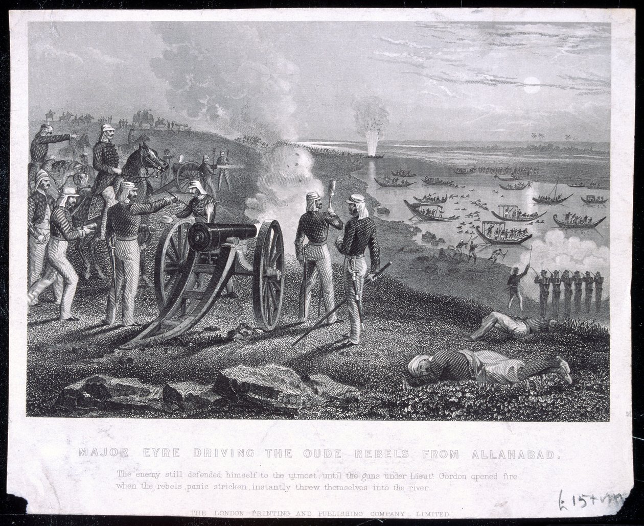 Major Eyre vertreibt die Oude-Rebellen aus Allahabad, veröffentlicht von The London Printing and Publishing Company Limited, 1857 von English School