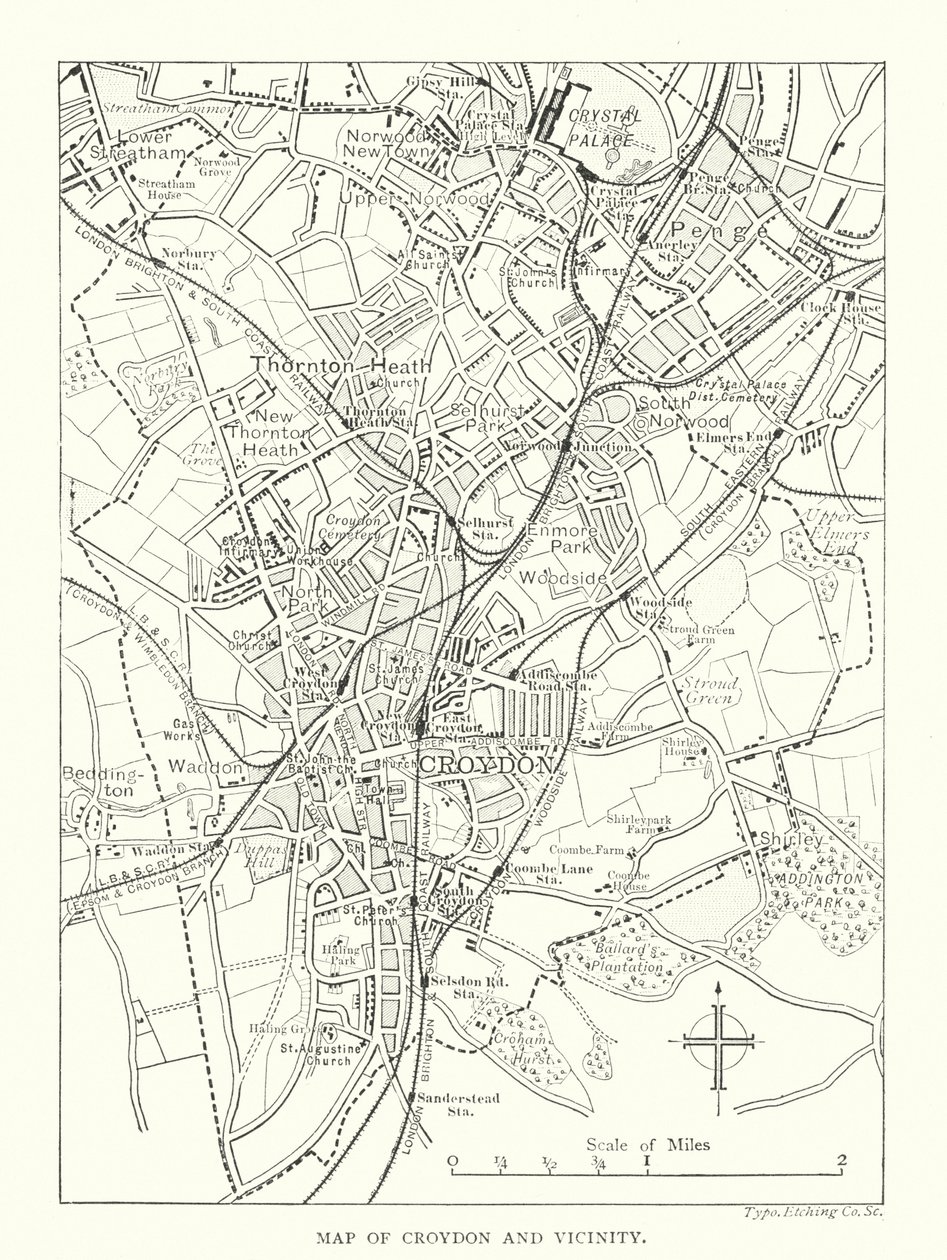 Karte von Croydon und Umgebung (Gravur) von English School
