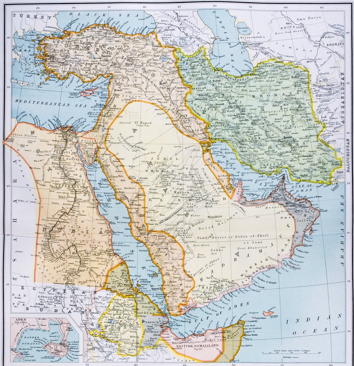 Karte der Türkei, des Nahen Ostens, des Horns von Afrika und des Persischen Golfs in den 1890er Jahren, aus 