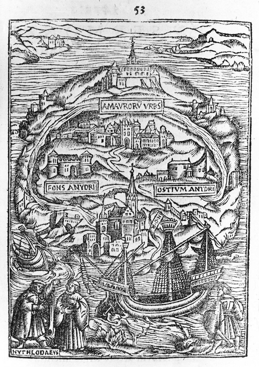 Karte der Insel Utopia, Buchfrontispiz, 1563 von English School