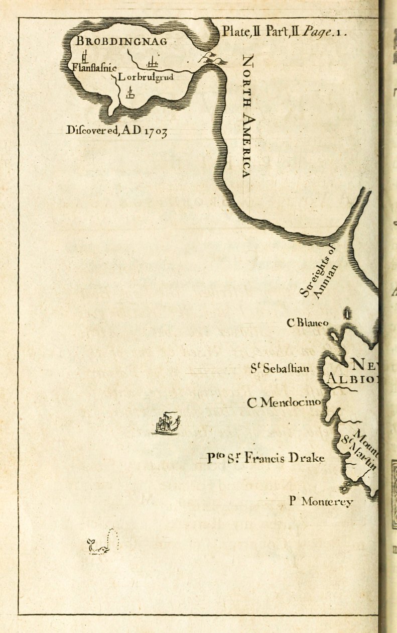Karte mit dem Standort von Brobdingnag aus der ersten Ausgabe von Gullivers Reisen von Jonathan Swift von English School