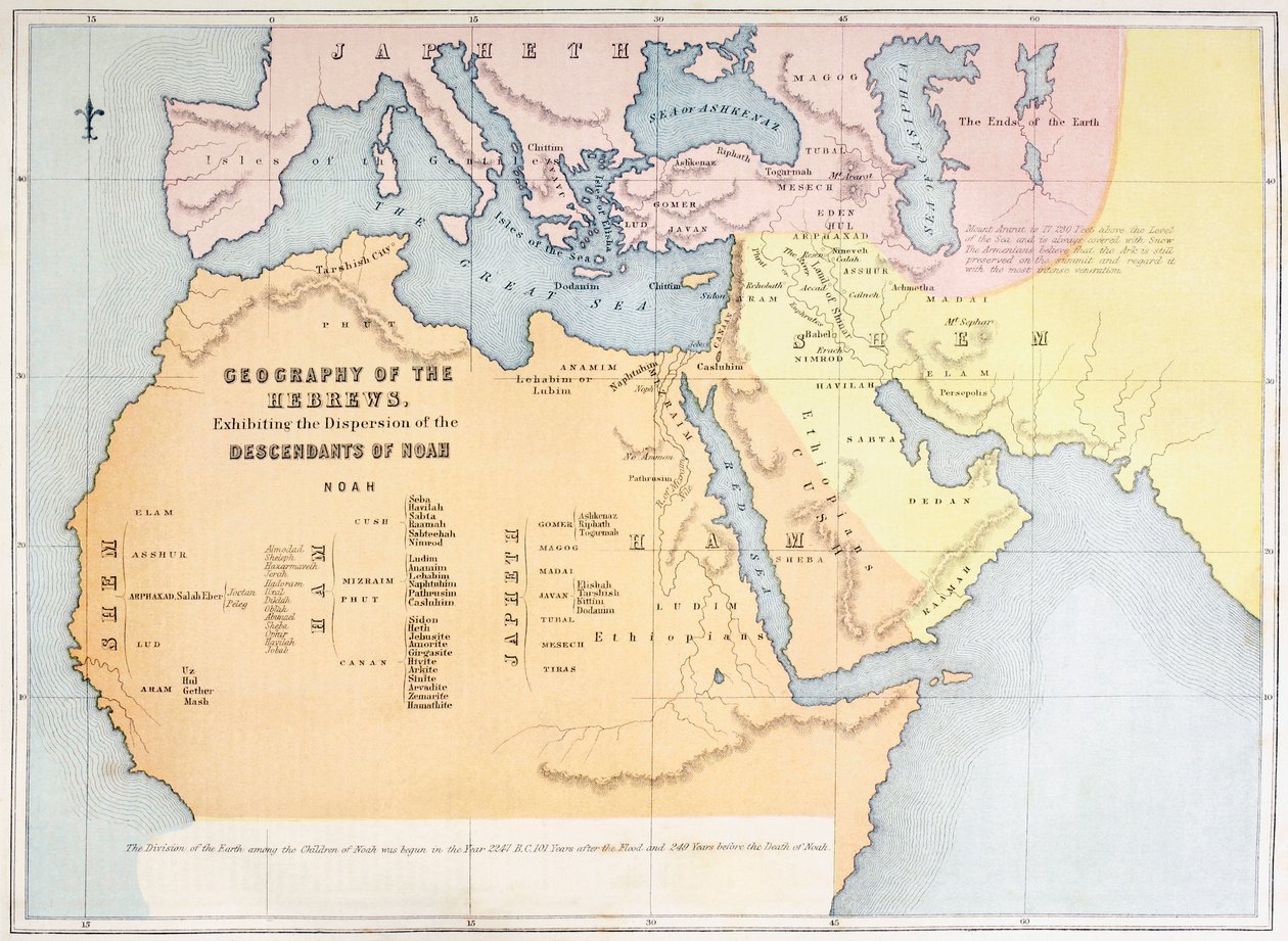 Karte, die die Geographie der Hebräer zeigt und die Verbreitung der Nachkommen Noahs darstellt von English School