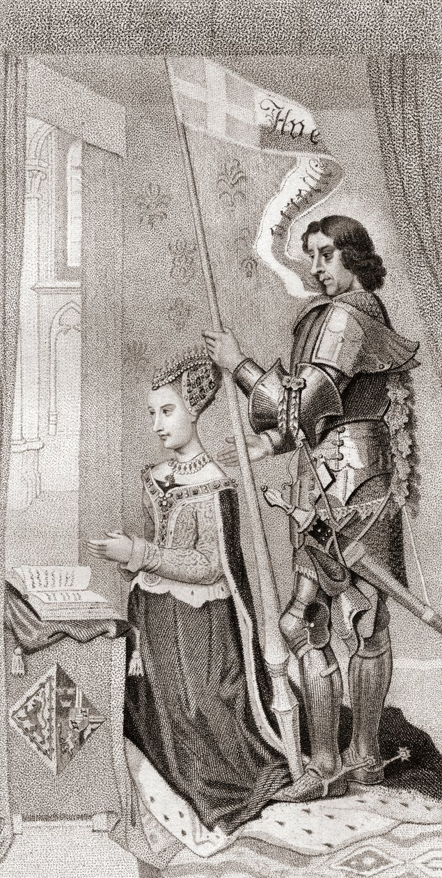 Margarete von Dänemark mit St. Knut, dem Schutzpatron von Dänemark, hinter ihr, der ein Banner mit dem Kreuz der Kreuzzüge hält von English School