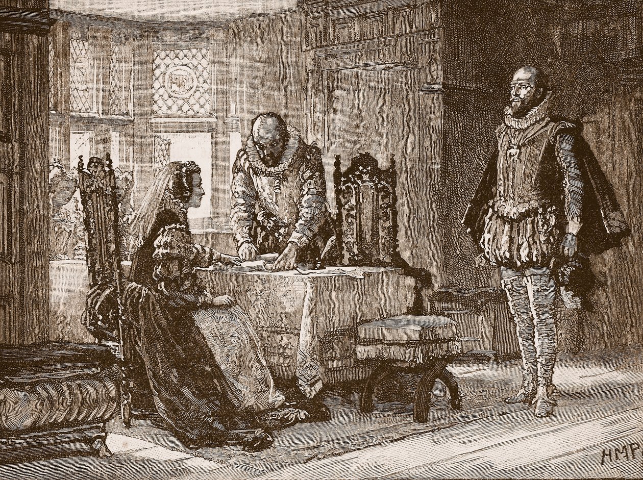 Maria unterzeichnet die Abdankungsurkunde in Schloss Lochleven, Illustration aus Cassells Illustrierter Geschichte Englands von English School