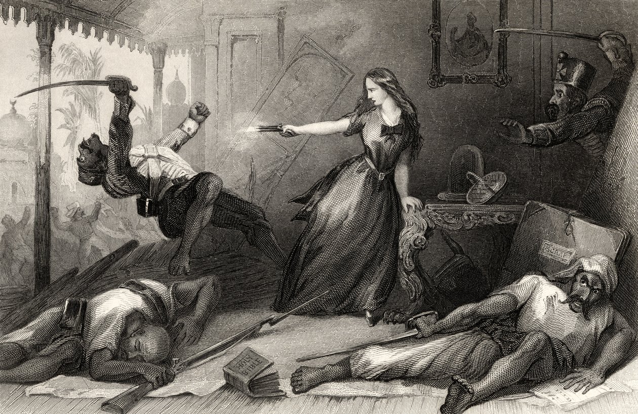 Miss Wheeler verteidigt sich gegen Sepoys in Cawnpore im Jahr 1857, aus 