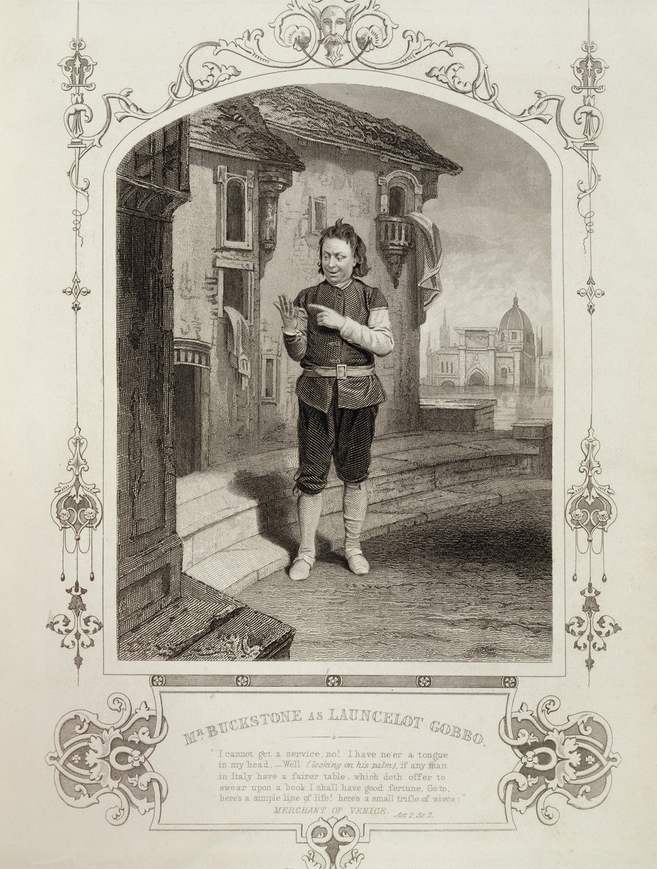 Mr. Buckstone als Lancelot Gobbo, Akt II Szene 2, in Der Kaufmann von Venedig von William Shakespeare (1564-1616) von English School