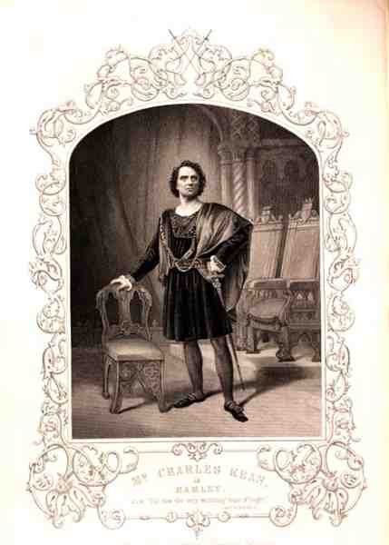 Mr Charles Kean als Hamlet, Akt III Szene 2, im Stück von William Shakespeare (1564-1616) (Stich) von English School