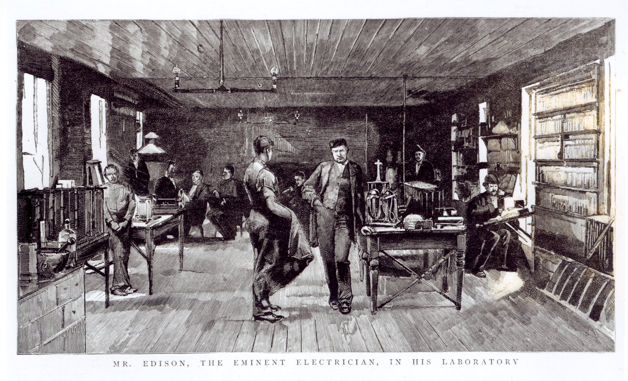 Mr. Edison (1847-1931), der bedeutende Elektriker, in seinem Labor von English School