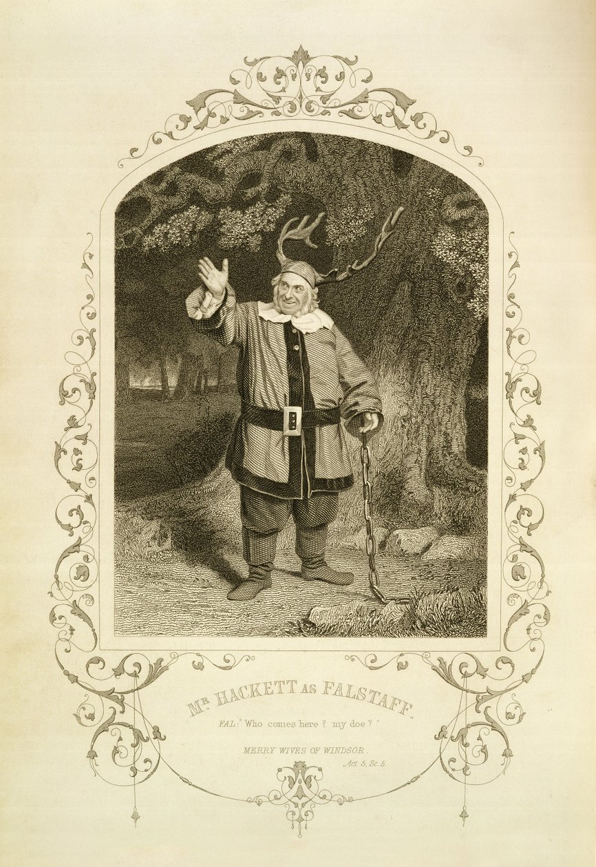 Mr. Hackett als Falstaff, Akt V Szene 5, in Die lustigen Weiber von Windsor von William Shakespeare (1564-1616) graviert von George Hollis (1792-1842) nach einem Daguerreotyp von J.P. Mayall (1810-1901) (Gravur) von English School