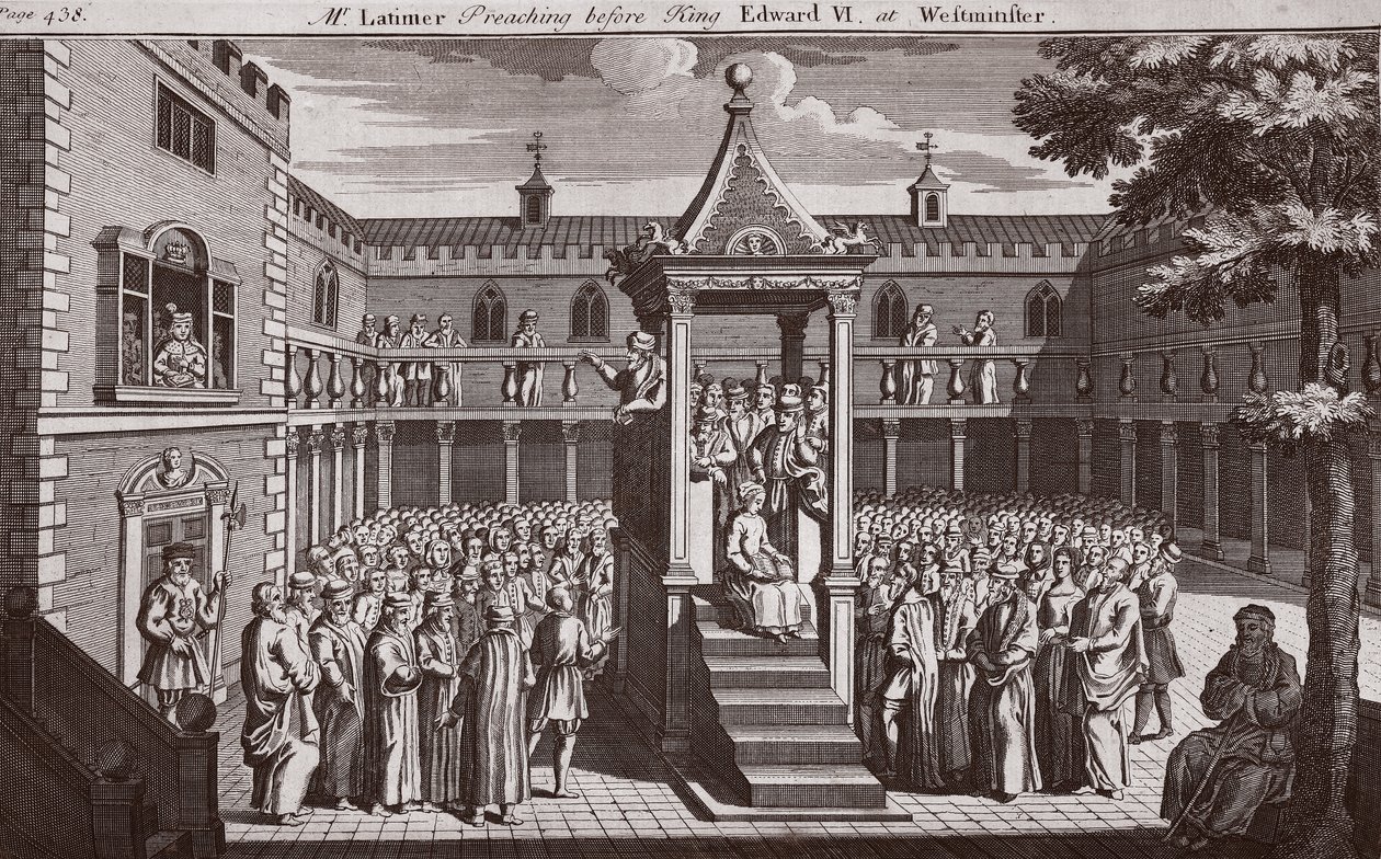 Mr. Latimer predigt vor König Edward VI. in Westminster, Illustration aus Foxes Märtyrer, ca. 1703 von English School