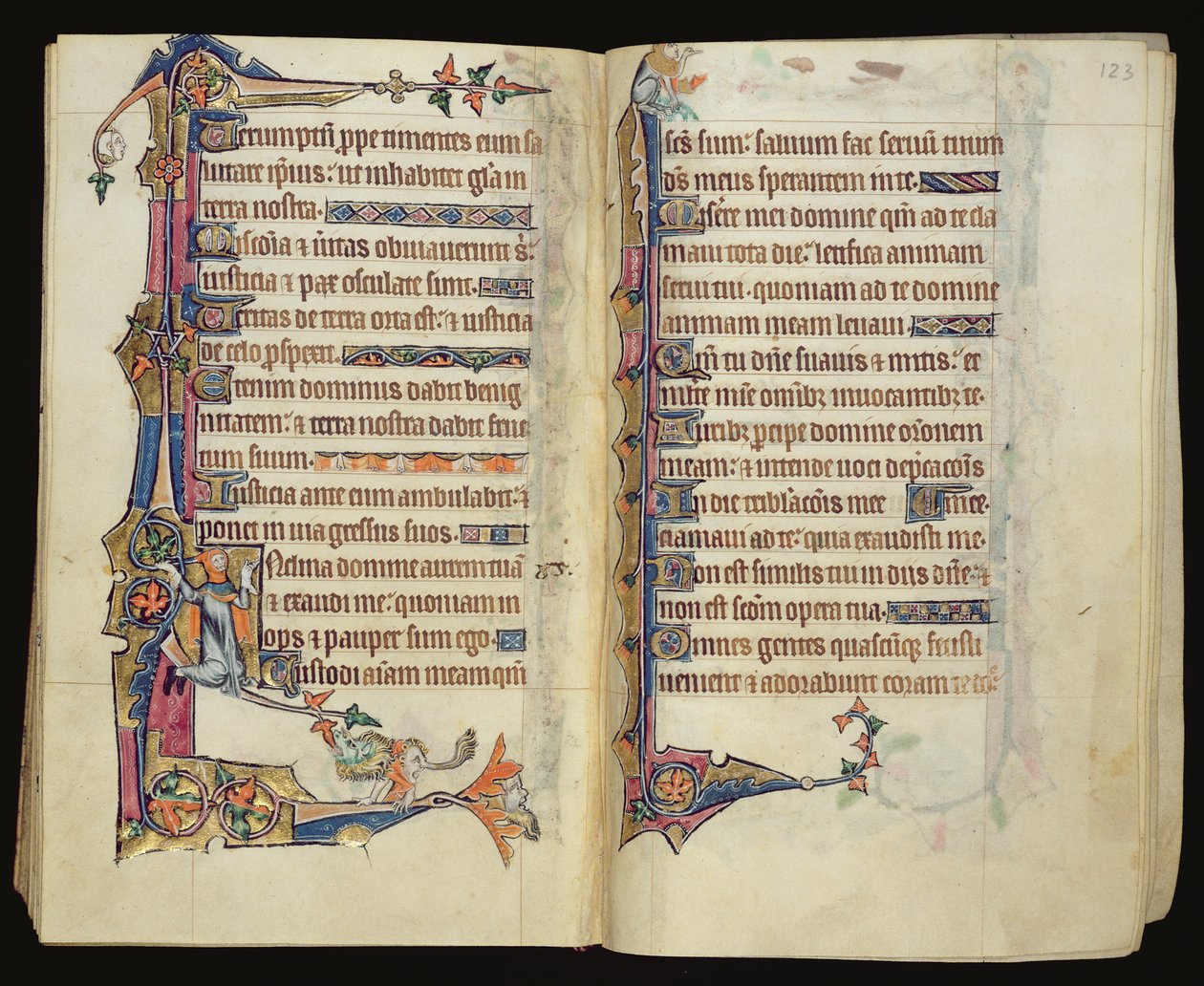 Ms 1-2005, ff.122v-123r: Groteske Randdekoration aus dem Macclesfield Psalter, Gebrauch von Sarum, Ostanglien, ca. 1330 von English School