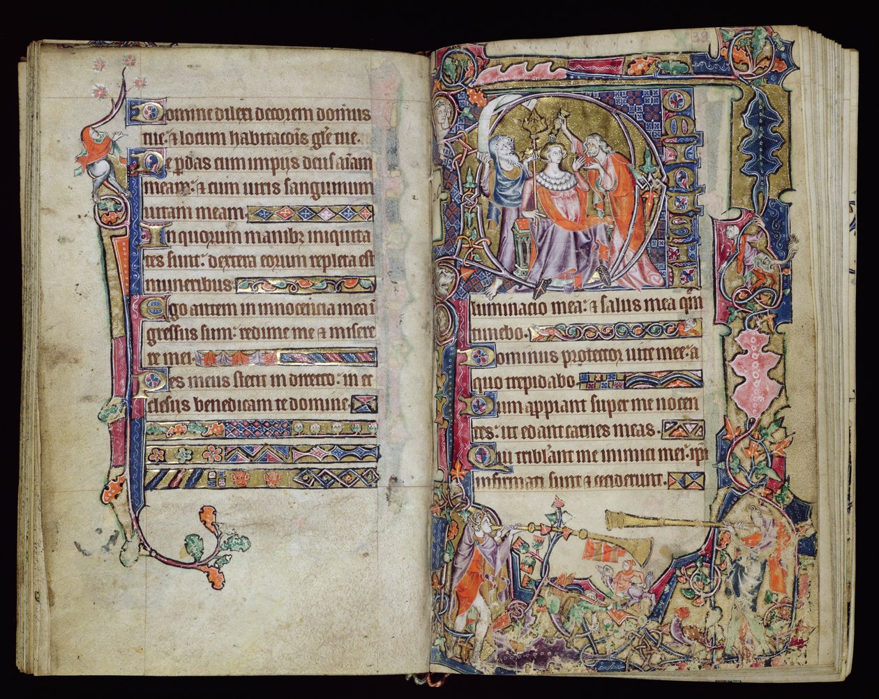 Ms 1-2005, ff.38v-39r: Die Salbung Davids, historisiertes D-Initial aus dem Macclesfield Psalter, Gebrauch von Sarum, Ostanglien, ca. 1330 von English School