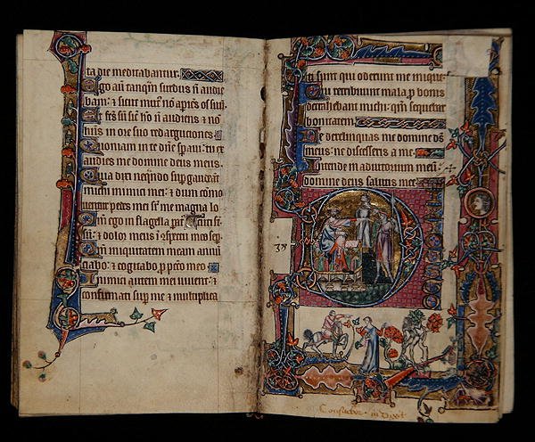 Saul schickt Doeg, um die Priester von Nob zu töten, historisierte Initiale aus dem Macclesfield Psalter, Gebrauch von Sarum, Ostanglien von English School