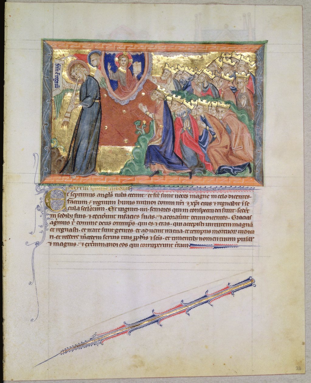 Ms L.A. 139-Lisboa fol.28 Der 7. Engel bläst seine Trompete und die 24 Ältesten beten Gott an, aus der Gulbenkian-Apokalypse, ca. 1265-70 von English School