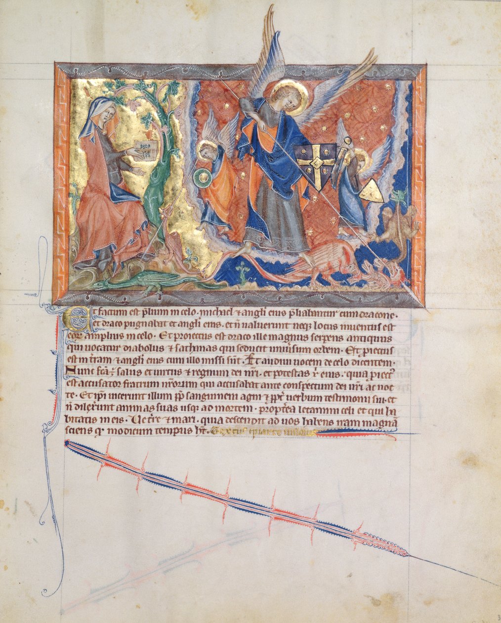 Ms L.A. 139-Lisboa fol.30 Die Frau versteckt sich in der Wüste, während Erzengel Michael gegen den Drachen im Himmel kämpft, aus der Gulbenkian-Apokalypse, ca. 1265-70 von English School