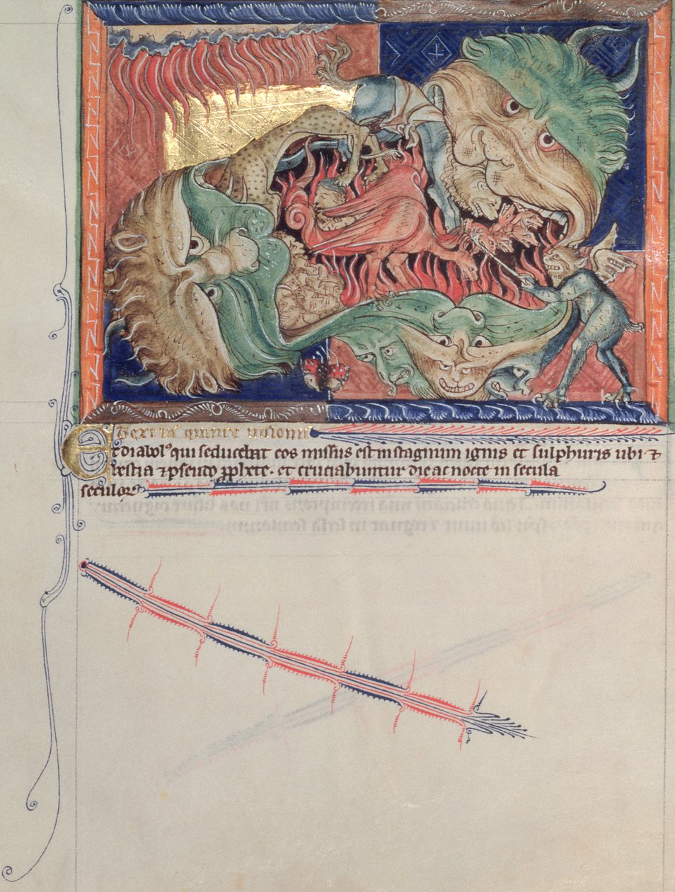 Ms L.A. 139-Lisboa fol.71 Die Kiefer der Hölle verschlingen den roten Drachen, das Tier des Meeres und das Tier der Erde, aus der Gulbenkian-Apokalypse, ca. 1265-70 von English School