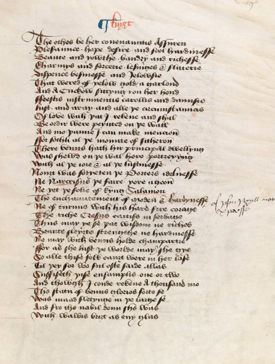 Ms. New Coll 314, f19r, Die Canterbury-Erzählungen von Geoffrey Chaucer von English School