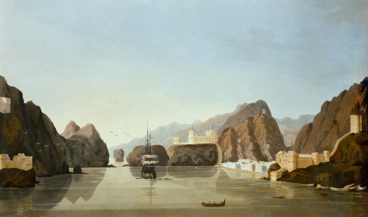 Muscat vom Hafen aus mit einer britischen Fregatte vor Anker, aus Sixteen Views of Places in the Persian Gulf von Leutnant R. Temple, veröffentlicht 1813 (Aquatinta) von English School