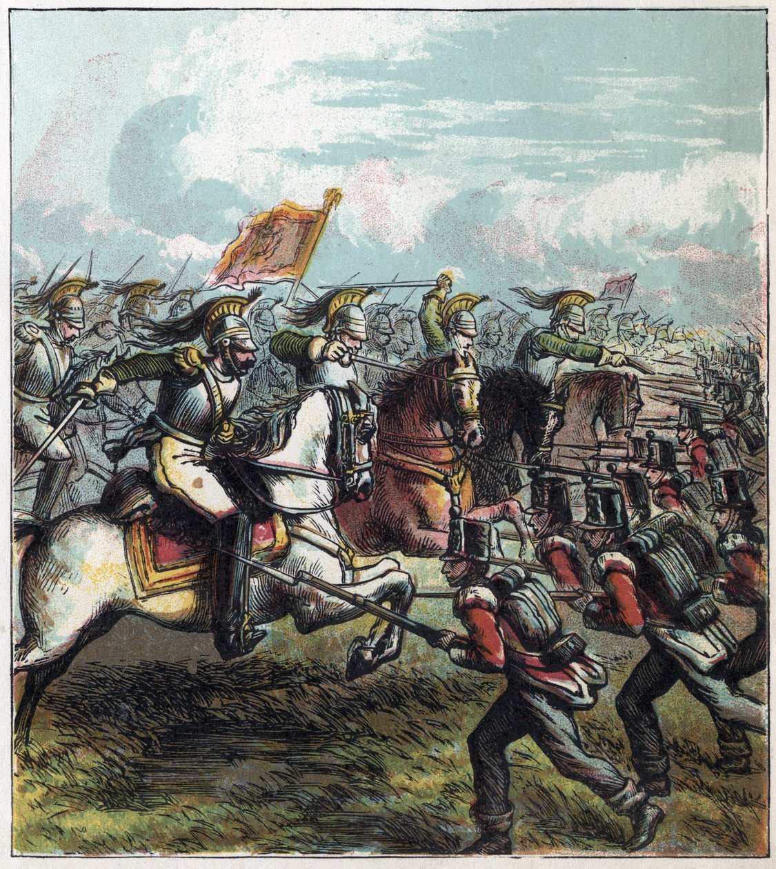 Napoleonische Kriege: die Schlacht von Waterloo am 18.06.1815. Die französische Kavallerie von Napoleon I. griff die englische Armee an, die Niederlage der Franzosen markierte das Ende des Reiches von Napoleon I. Die Schlacht von Waterloo von English School