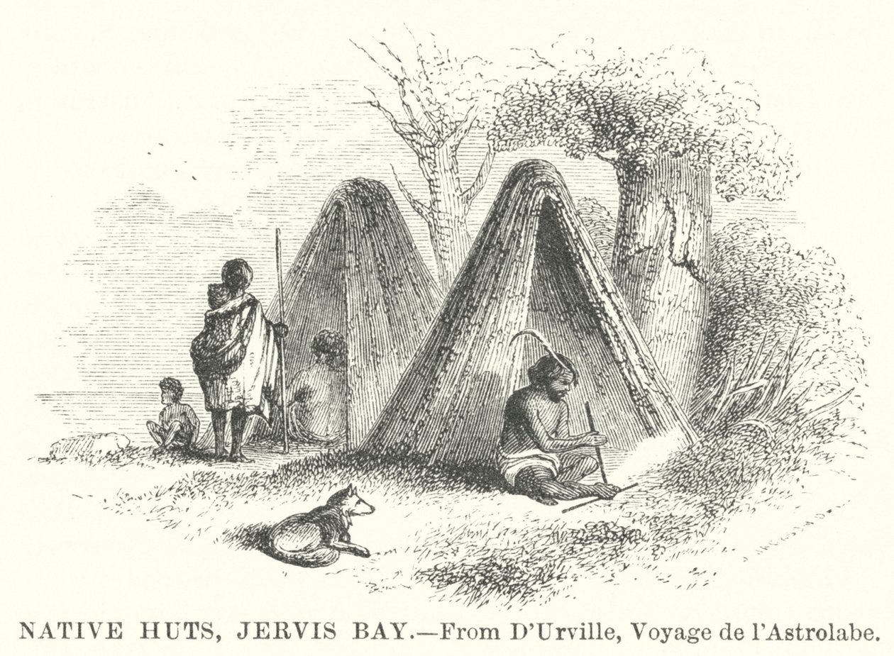 Eingeborenenhütten, Jervis Bay (Gravur) von English School