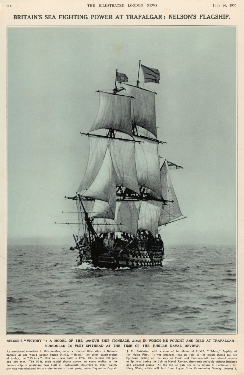 Nelsons Victory: ein Modell des 100-Kanonen-Schiffs, in dem er bei Trafalgar kämpfte und starb, aus The Illustrated London News Royal Naval and Military Review, 20. Juli 1935 von English School