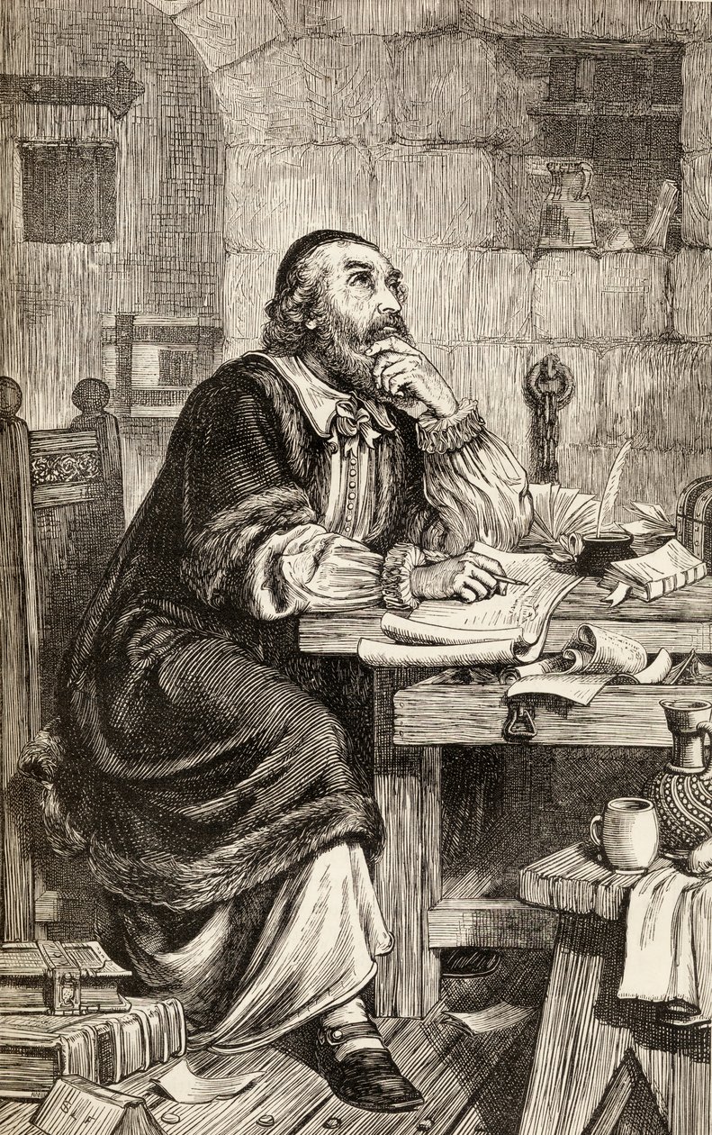 Nicholas Ridley schreibt Briefe im Gefängnis, während er auf seine Hinrichtung wartet, ca. 1865 von English School