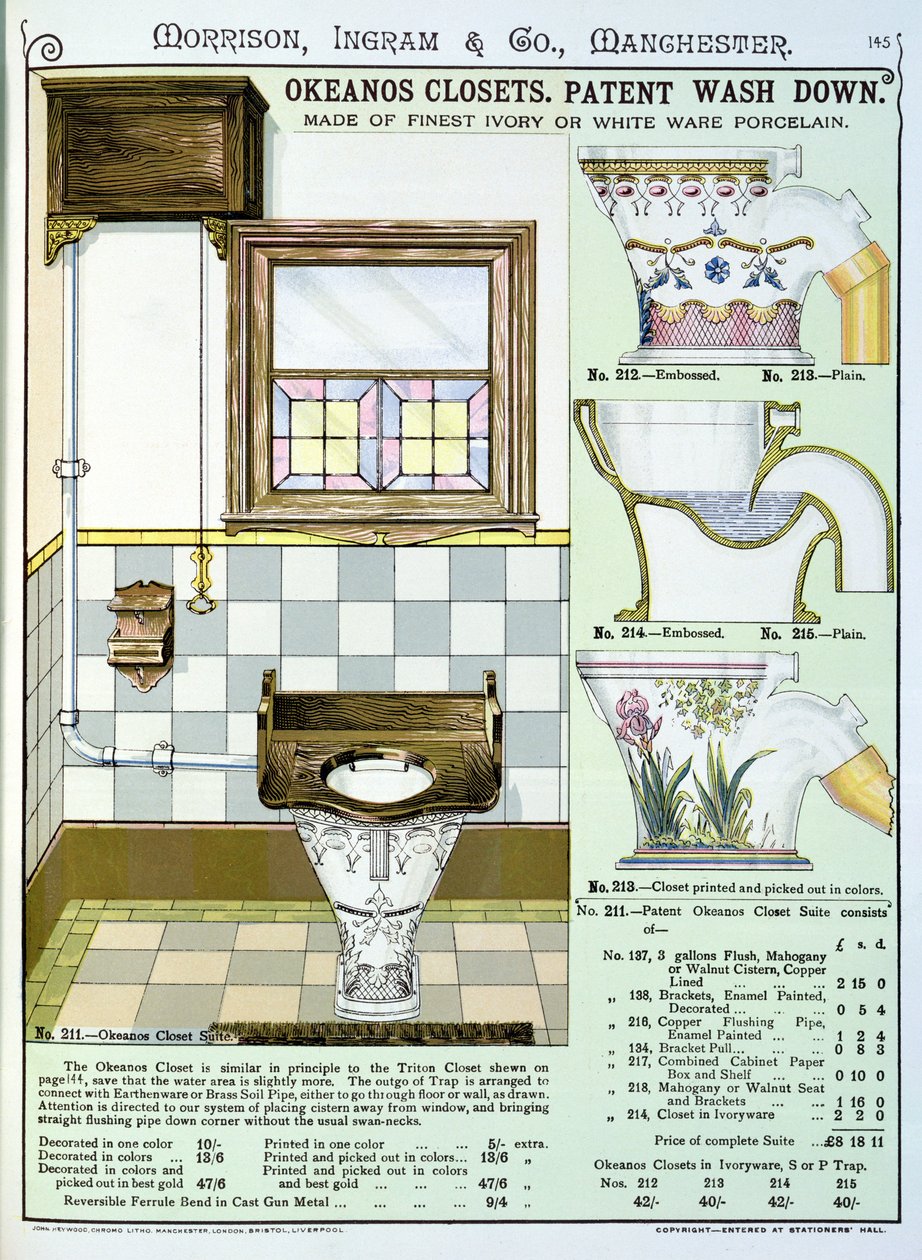 Okeanos Schränke aus einem Katalog von Sanitärartikeln, produziert von Morrison, Ingram & Co., Manchester, veröffentlicht um 1890 von English School