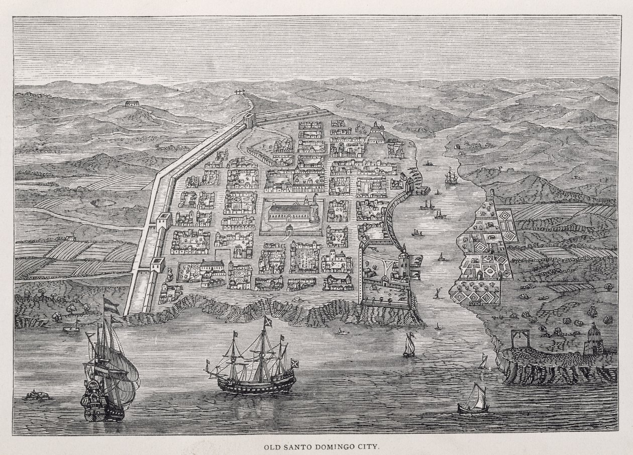Die alte Stadt Santo Domingo zur Zeit von Drakes Expedition, aus 