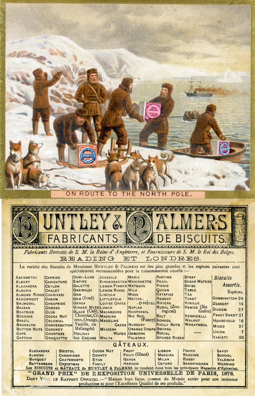 Auf dem Weg zum Nordpol, Vorder- und Rückseite einer Werbekarte für Huntley & Palmers Biscuits, produziert für den französischen Markt, 1890 von English School
