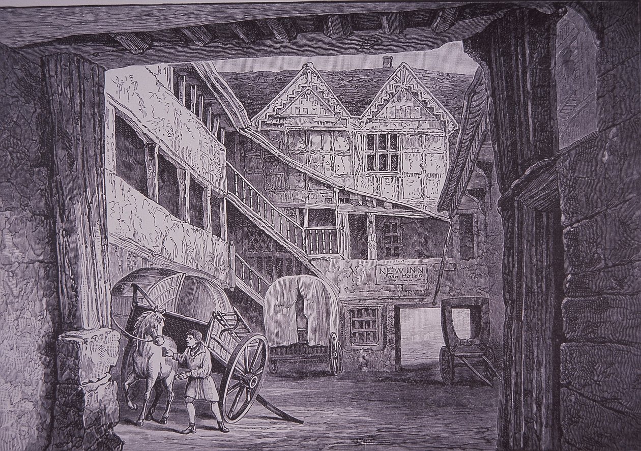 Stallknecht kümmert sich um Pferd im Hof des New Inn, Gloucester von English School