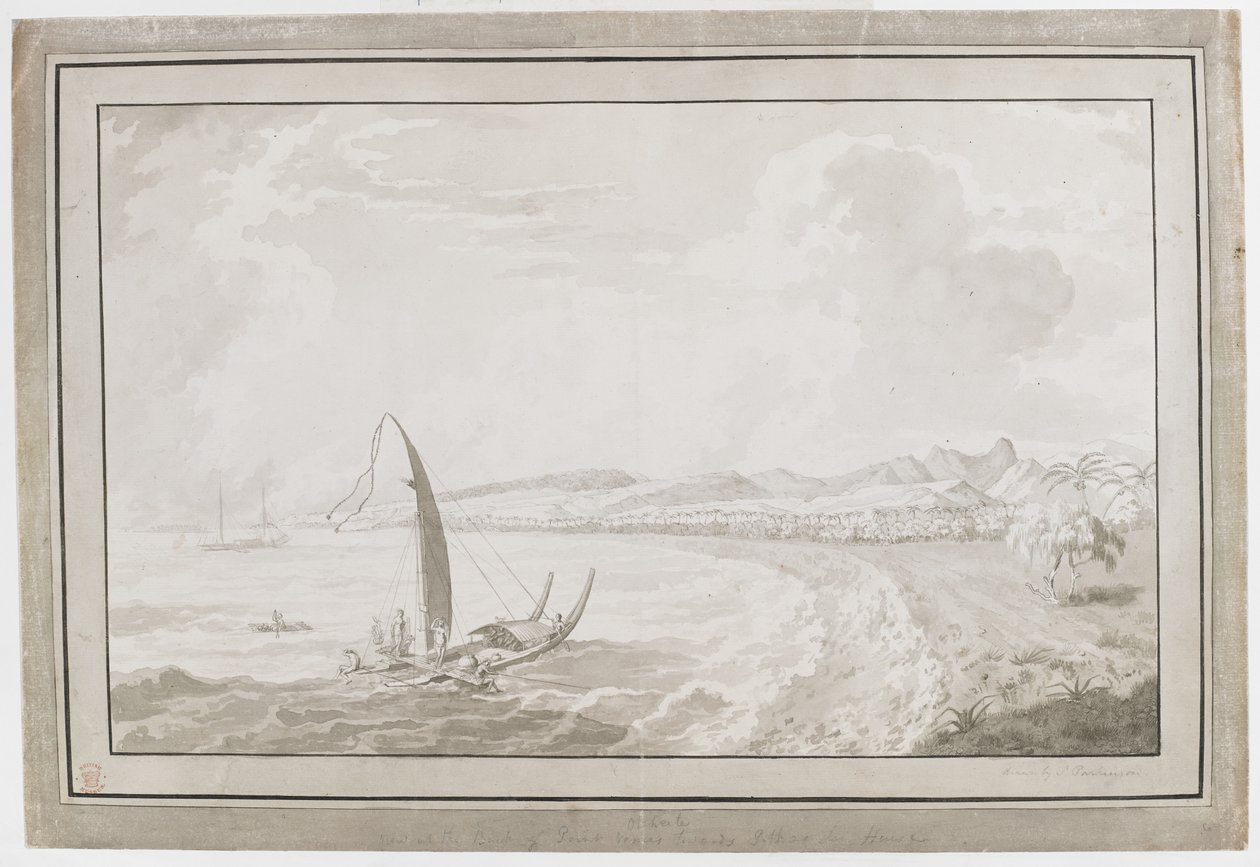 Otahete zeigt einen Blick aus dem Rücken von Point Venus in Richtung Pithas Long House von English School
